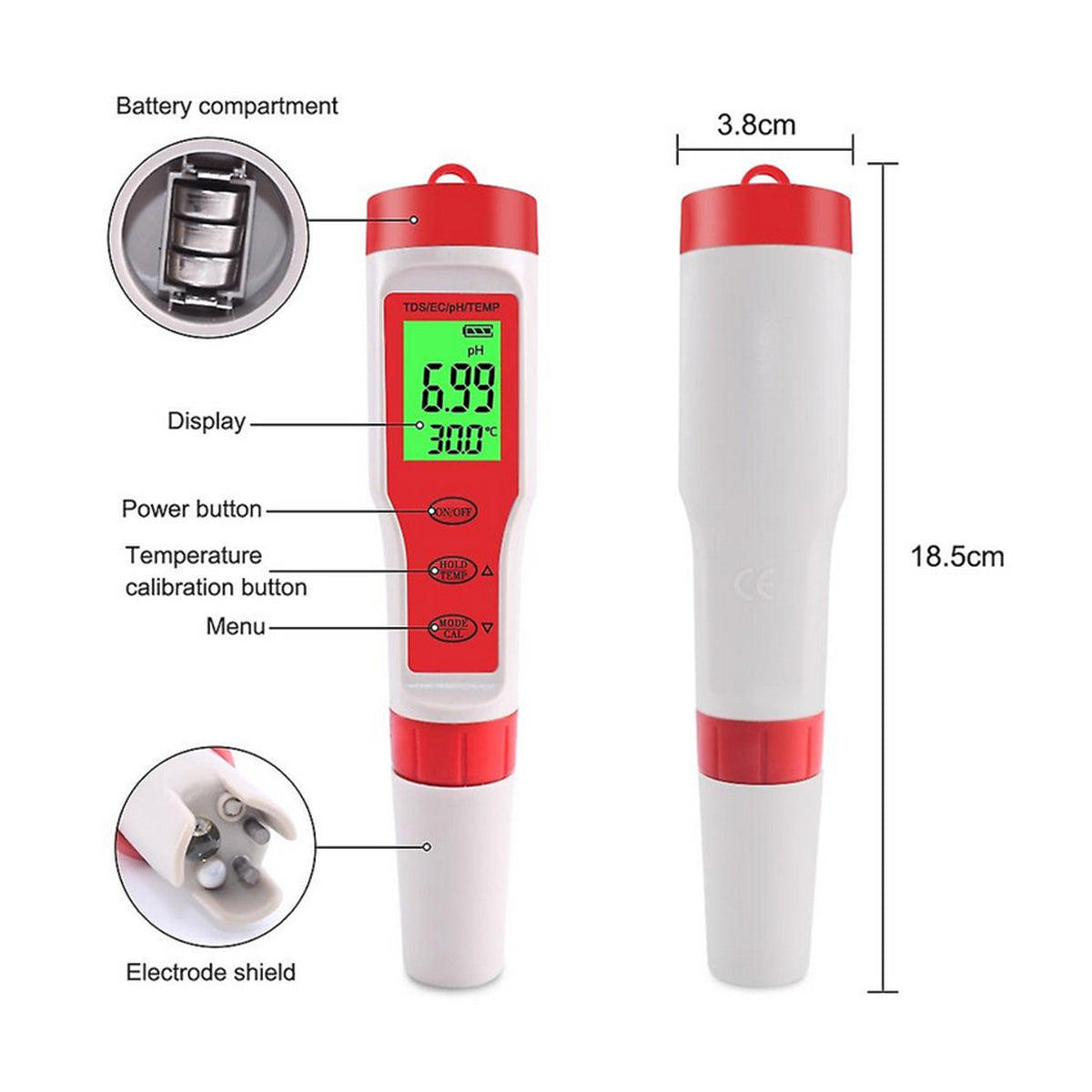 Yieryi 4-in-1 pH TDS EC Temperature Meter battery compartment 3x LR44 1.5V batteries multiple titanium probes illustration - water quality tester hydroponics pool aquarium pH meter Sri Lanka