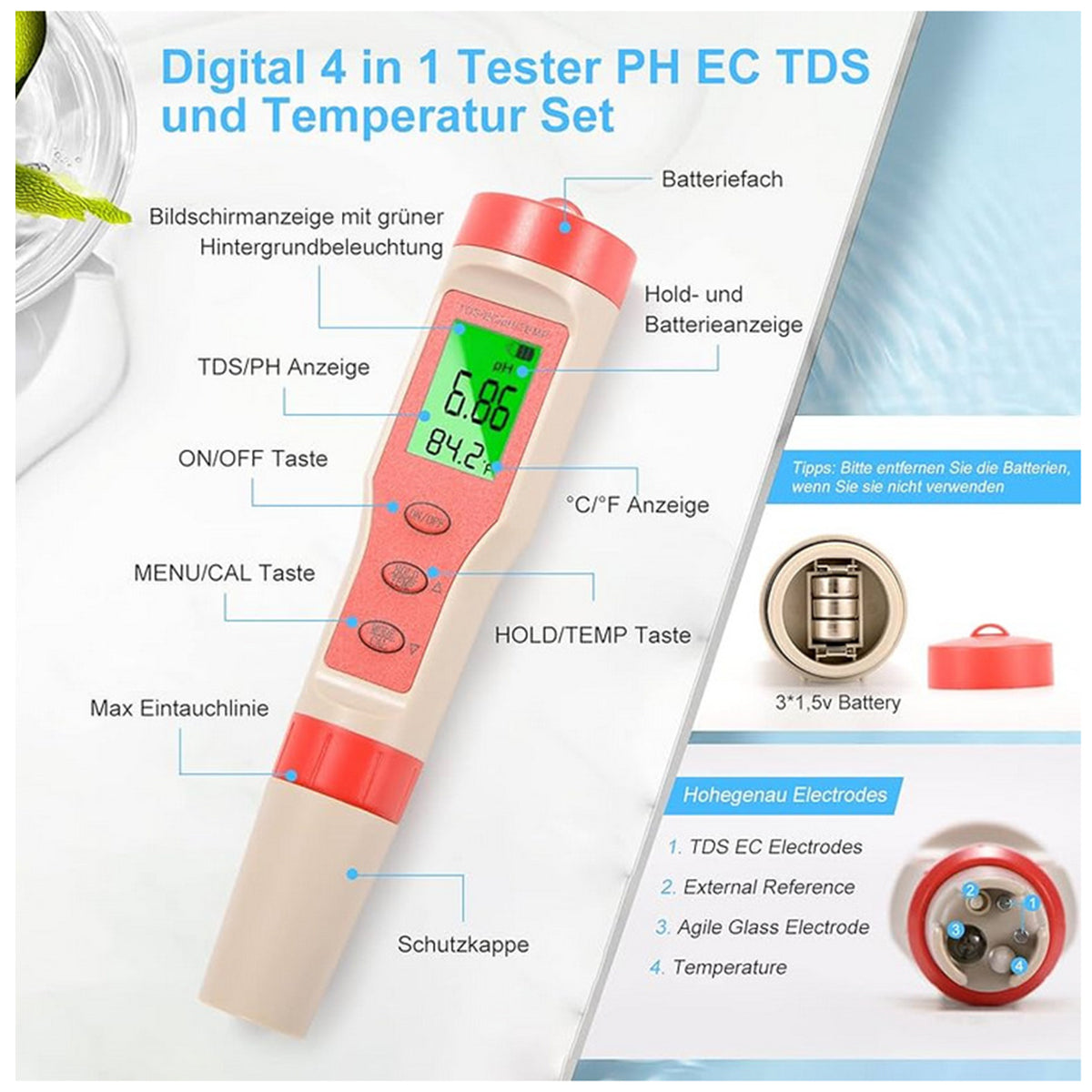 Yieryi 4-in-1 water quality tester parts buttons battery compartment 3x LR44 1.5V batteries titanium pH EC TDS temperature probes - hydroponics pool meter Sri Lanka